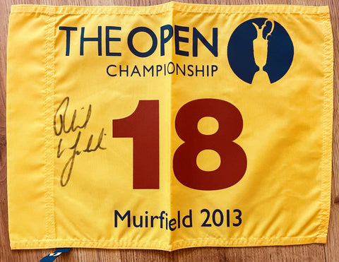 Signed 2013 British Open golf flag, yellow with logo, number 18, Muirfield text.
