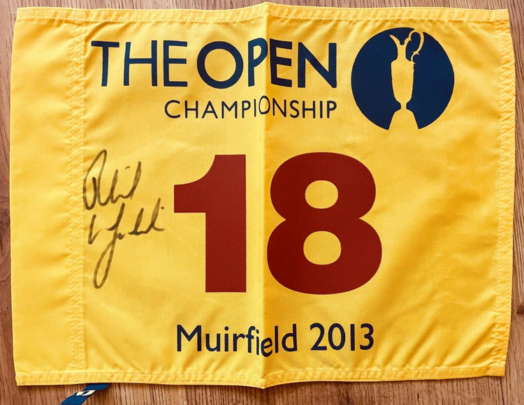 Signed 2013 British Open golf flag, yellow with logo, number 18, Muirfield text.