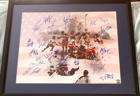 Framed Miracle on Ice USA hockey photo with multiple player autographs, classic sports memorabilia