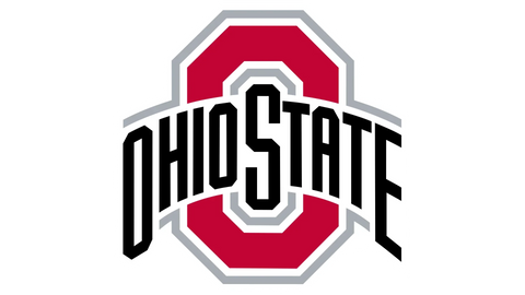 Ohio State logo with bold black text over a red and gray block O shape