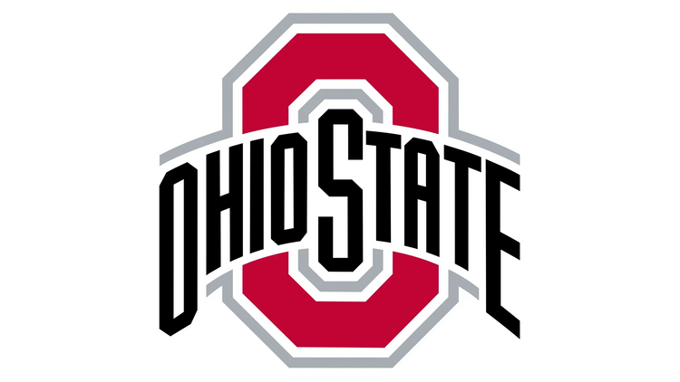 Ohio State logo with bold black text over a red and gray block O shape