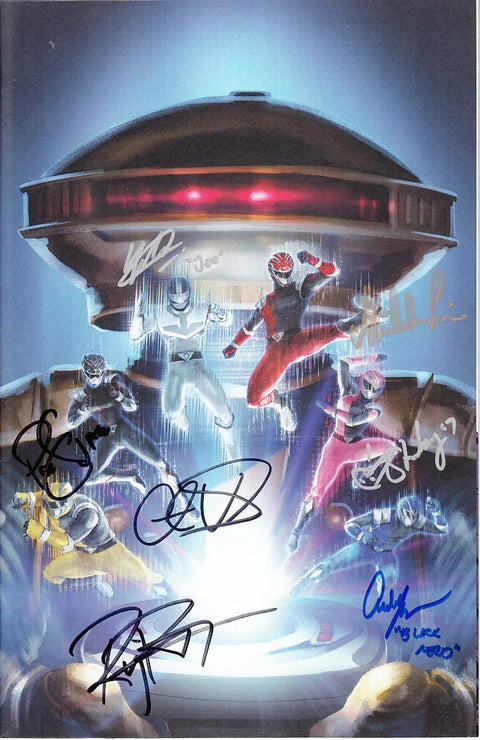 Power Rangers signed poster featuring colorful Rangers in action poses with multiple autographs