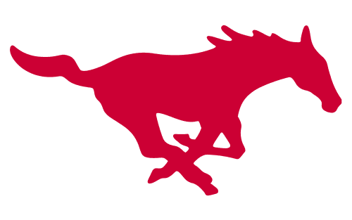 Red running mustang silhouette logo, SMU Mustangs mascot, college sports emblem
