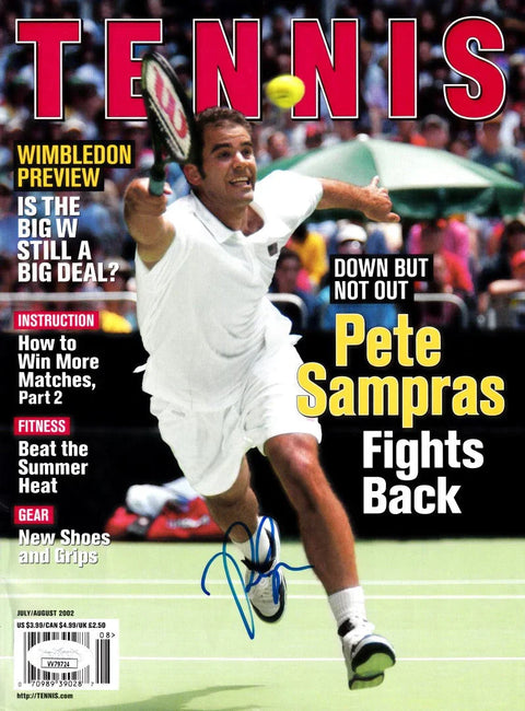 Signed Tennis Magazine cover featuring Pete Sampras in action on court, July 2002 issue.