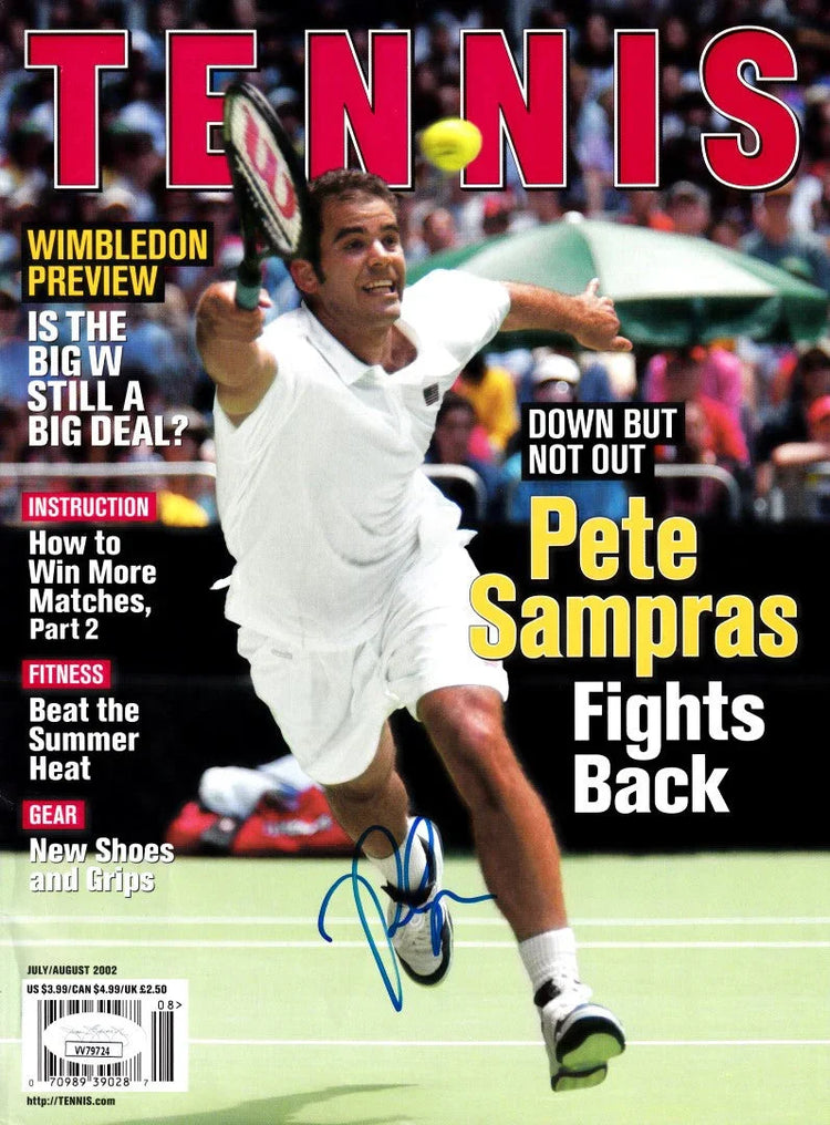 Signed Tennis Magazine cover featuring Pete Sampras in action on court, July 2002 issue.