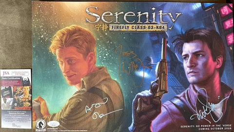Serenity Firefly poster with two illustrated characters, signed by cast, JSA certification visible