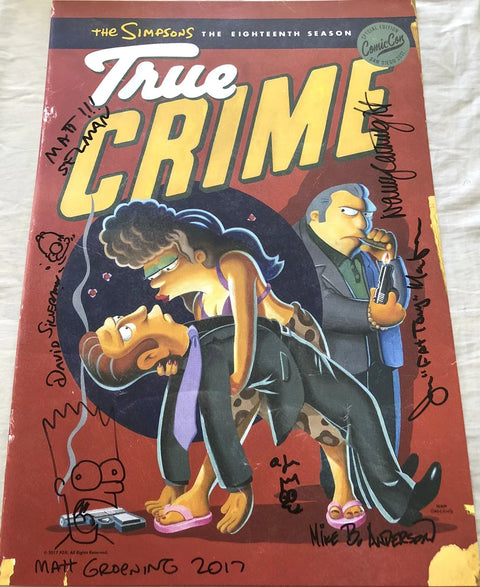 Signed The Simpsons True Crime poster, Comic-Con exclusive, with cartoon characters and autographs.
