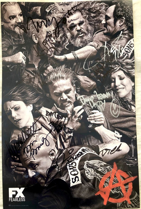 Signed Sons of Anarchy cast poster, black and white with FX Fearless logo and autographs