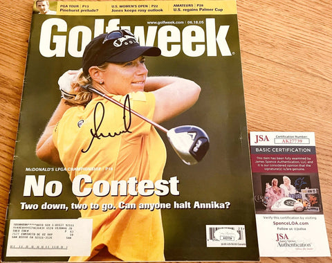 Signed Golfweek magazine cover featuring a female golfer in action, JSA authenticated.