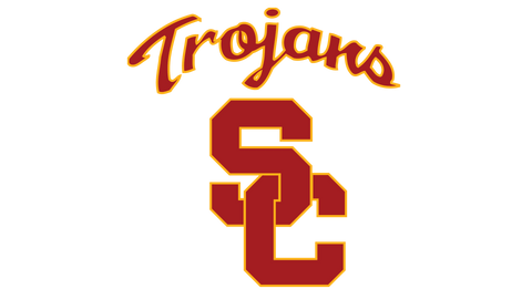 Southern California Trojans red and gold SC logo with Trojans script on black background