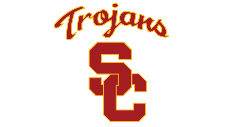 Southern California Trojans red and gold SC logo with Trojans script on black background