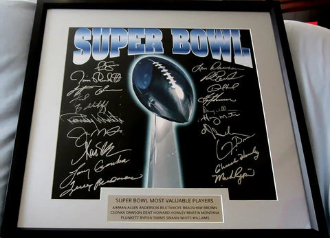Framed Super Bowl MVP football memorabilia with multiple autographs and trophy image.