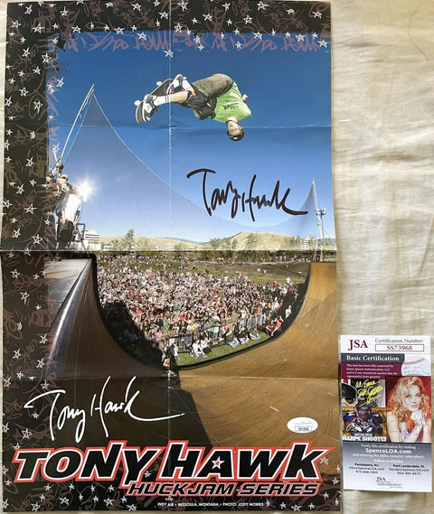 Tony Hawk HuckJam Series signed poster featuring skateboarding trick and JSA authentication
