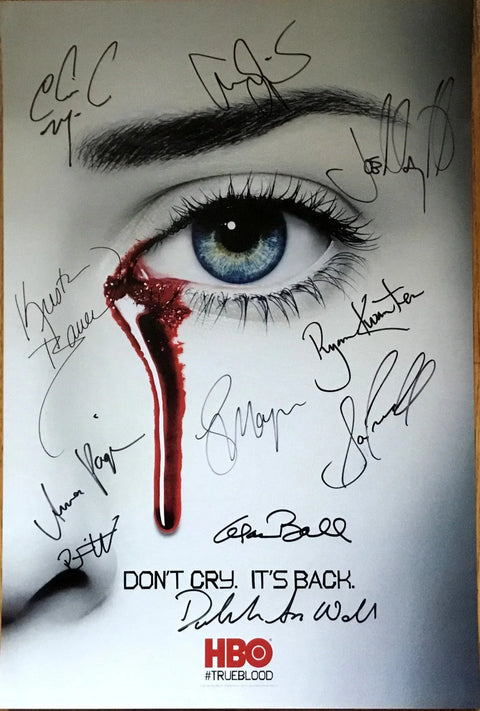 True Blood poster with blue eye, blood tear, HBO logo, and multiple celebrity autographs