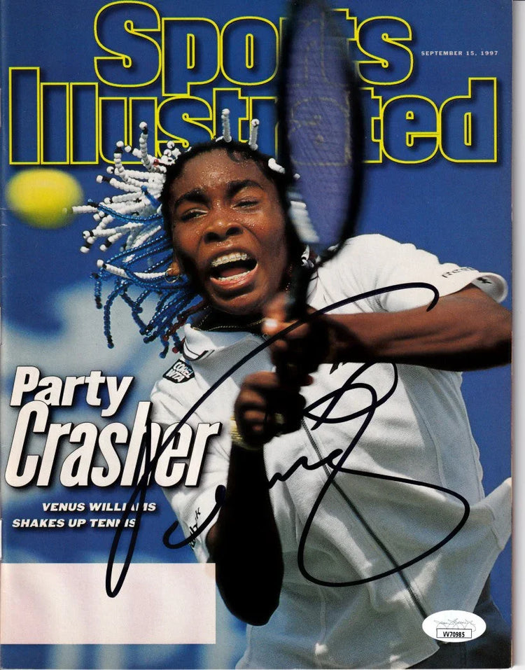 Signed Sports Illustrated cover featuring female tennis player in action, September 1997 issue.