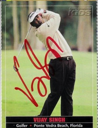 Signed Vijay Singh golf trading card with large red autograph, golfer mid-swing outdoors.