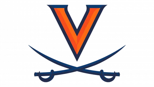 Virginia Cavaliers logo with bold orange V and crossed sabres on white background