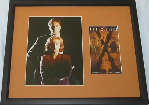 Framed The X-Files cast photo and signed memorabilia display with orange mat
