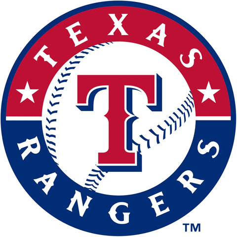 Texas Rangers baseball logo with red T, blue and red circle, white stars, and baseball stitching