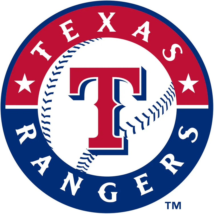Texas Rangers baseball logo with red T, blue and red circle, white stars, and baseball stitching
