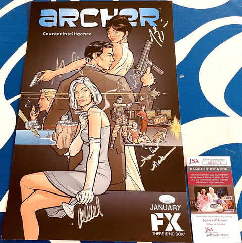 Signed Archer animated series poster with main characters, JSA authentication card visible