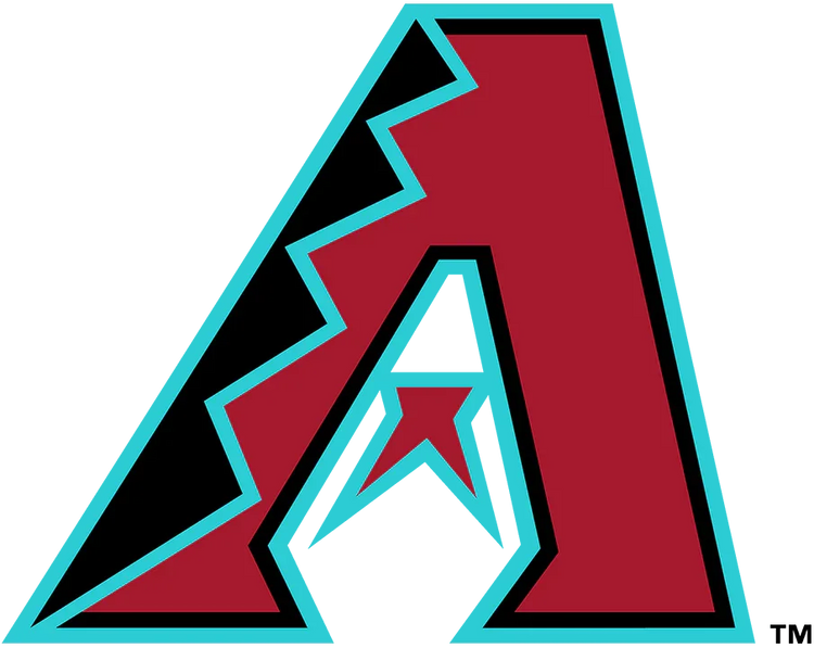 Arizona Diamondbacks 2024 primary logo, bold red 'A' with snake-like zigzag, cyan outline
