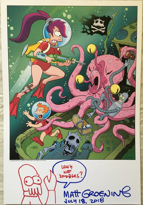 Futurama signed print with Fry, Leela, Bender undersea battling a pink octopus monster