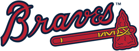 Red Braves script with tomahawk logo on blue background, MLB baseball team emblem