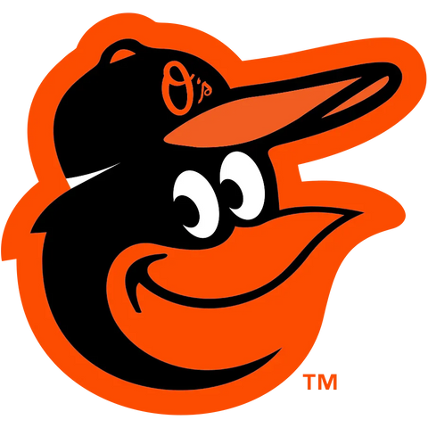 Baltimore Orioles cartoon bird logo in black and orange with baseball cap