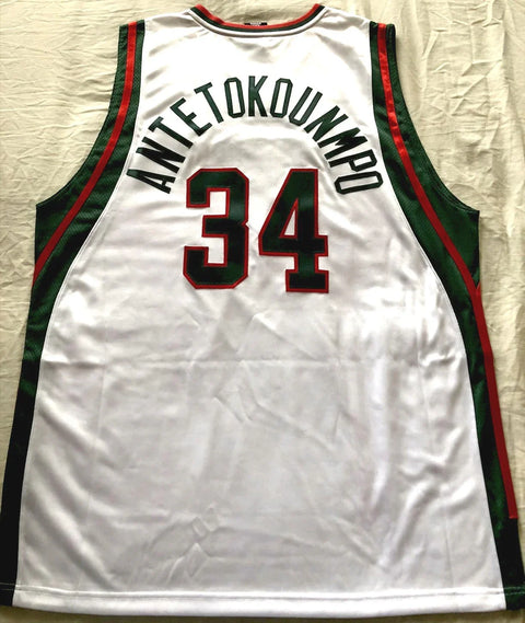 White retro basketball jersey number 34 with Antetokounmpo name, green and red accents