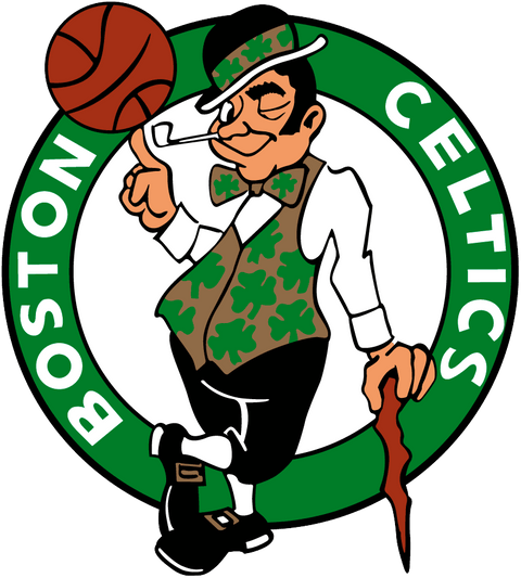 Boston Celtics logo with leprechaun spinning basketball, green shamrock vest, and cane