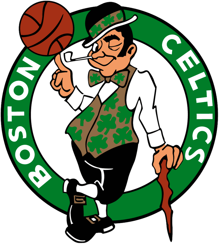 Boston Celtics logo with leprechaun spinning basketball, green shamrock vest, and cane