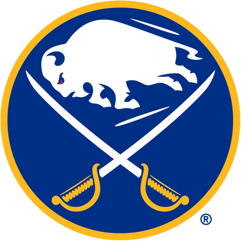 Buffalo Sabres logo with white buffalo and crossed sabres on blue and gold background, NHL hockey