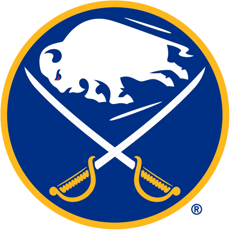 Buffalo Sabres logo with white buffalo and crossed sabres on blue and gold background, NHL hockey