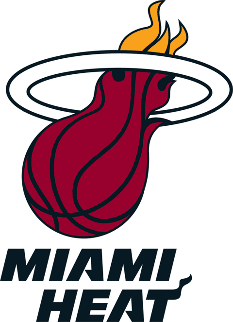 Miami Heat logo with flaming basketball going through a white hoop, NBA basketball team emblem