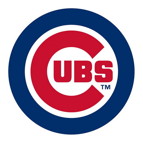 Chicago Cubs logo with red C, bold U-B-S letters, blue and white circular background