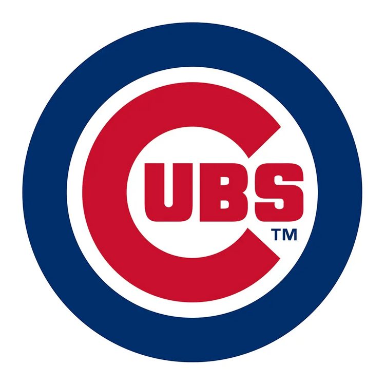 Chicago Cubs logo with red C, bold U-B-S letters, blue and white circular background