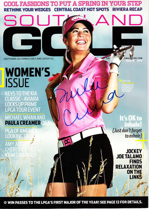 Signed Southland Golf magazine cover featuring female golfer in pink, holding clubs outdoors