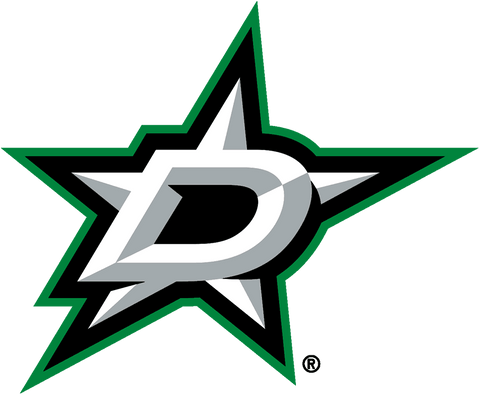 Dallas Stars logo featuring a bold white D over a silver star with black and green outline