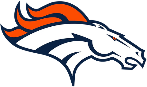 Denver Broncos team logo featuring a white horse head with orange mane on a navy background