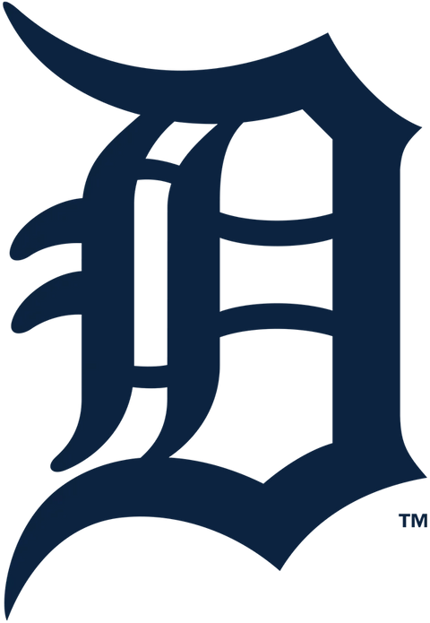 Detroit Tigers logo with a bold, stylized white Old English D on a navy background