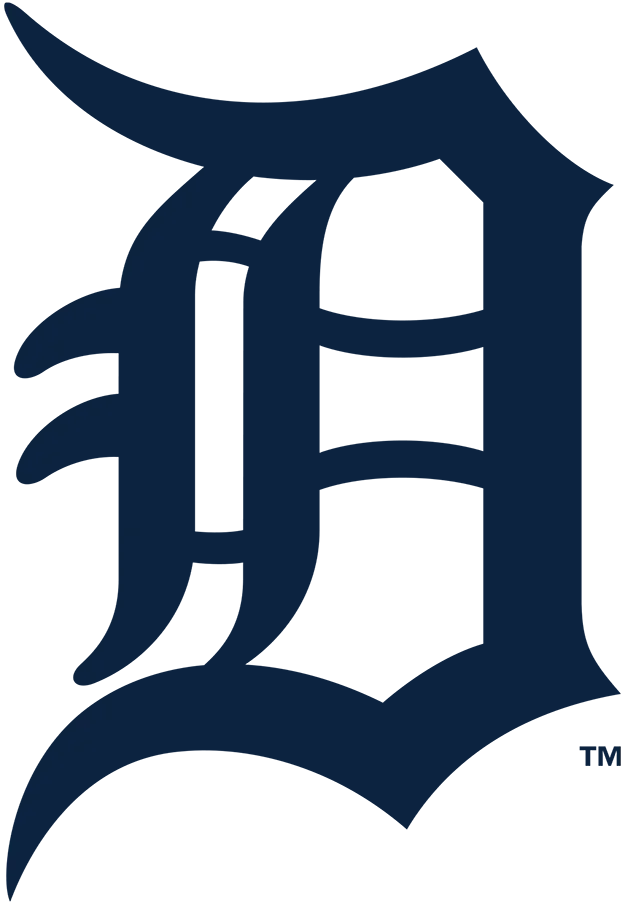 Detroit Tigers logo with a bold, stylized white Old English D on a navy background