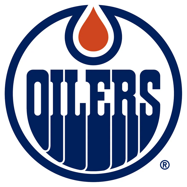 Edmonton Oilers logo with blue circle, orange oil drop, and bold 'OILERS' text
