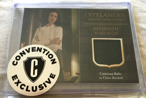 Outlander Season 5 trading card featuring Caitriona Balfe as Claire Randall, authentic wardrobe memorabilia, convention exclusive badge