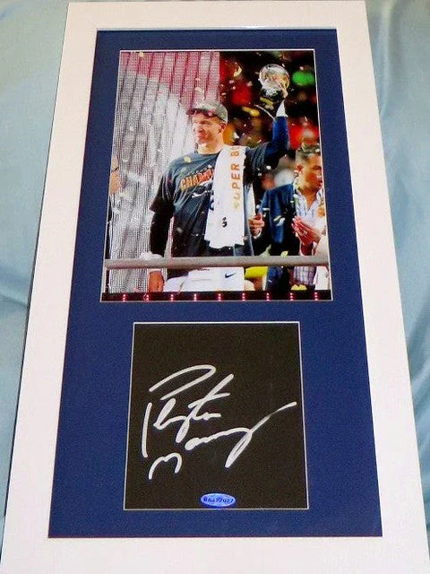 Framed NFL football autograph display with signed card and Super Bowl victory photo