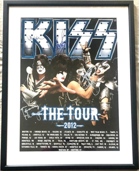 Framed KISS 2012 The Tour poster with band photo and multiple autographs