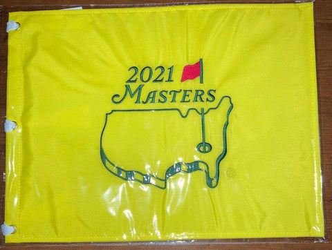 2021 Masters golf flag in yellow with tournament logo, collectible golf memorabilia