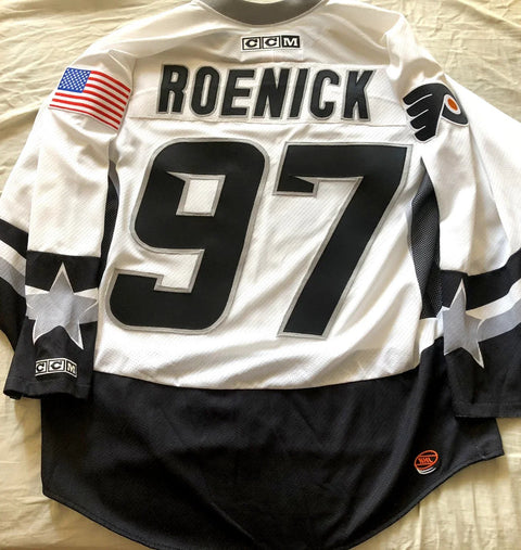Vintage NHL All-Star hockey jersey with Roenick 97, American flag patch, and Flyers logo.