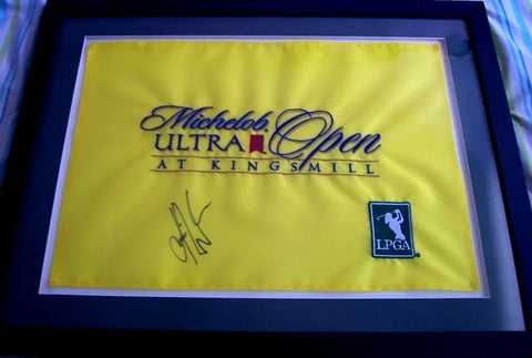 Framed Michelob Ultra Open at Kingsmill LPGA yellow golf flag with autograph