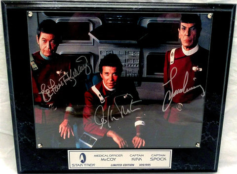 Star Trek limited edition signed photo plaque featuring McCoy, Kirk, and Spock in uniform
